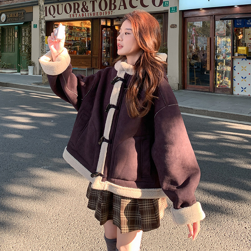 【大货】冬装2D033-Y901-P195-K288加厚连帽紫色羊羔毛外套,女装棉衣/棉服,2D033