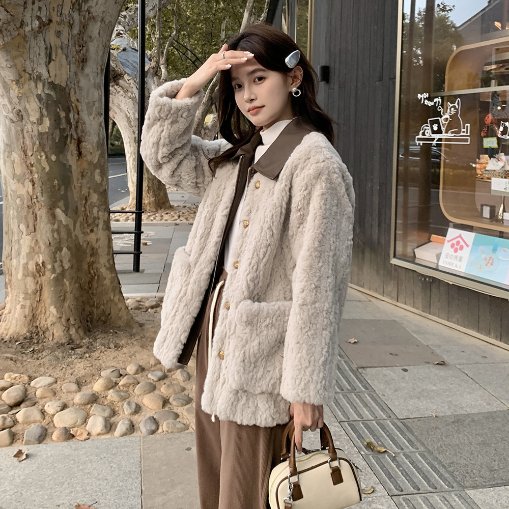 【大货】2D033-Y096-P195-K288夹棉加厚皮质拼接假两件羊羔毛，女装棉衣/棉服，2D033