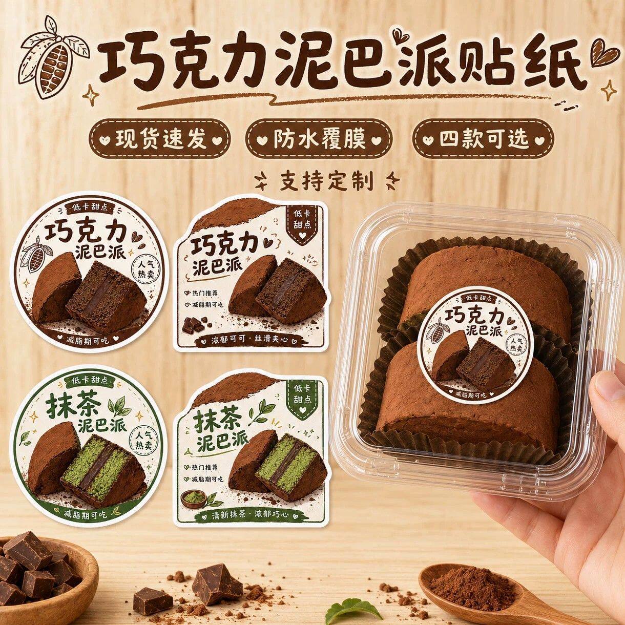巧克力泥巴派贴纸可可抹茶私房甜品包装夜市摆摊烘焙不干胶贴纸