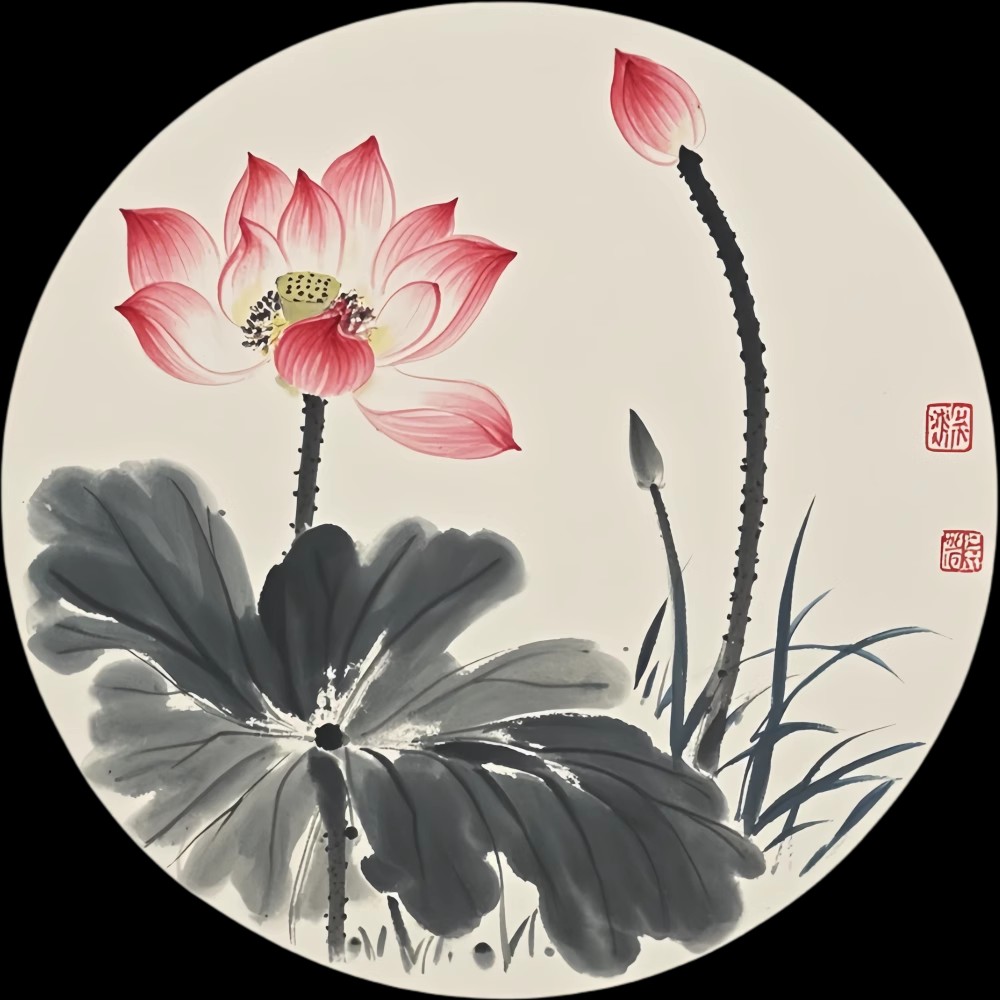新中式圆形荷花装饰画客厅卧室玄关书房墙面传统国画不干胶贴纸图片
