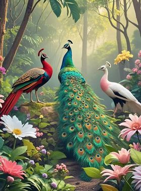 仿真AL制作孔雀组图图案唯美贴纸画餐厅房间出租屋贴墙不干胶贴纸