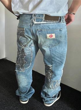 红星古布拼接水洗牛仔裤vujade重工刺绣直筒长裤ken同款做旧boro
