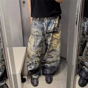 2025AC风格25SS牛王糜烂破坏手绘涂鸦3D印花baggy宽松直筒牛仔裤
