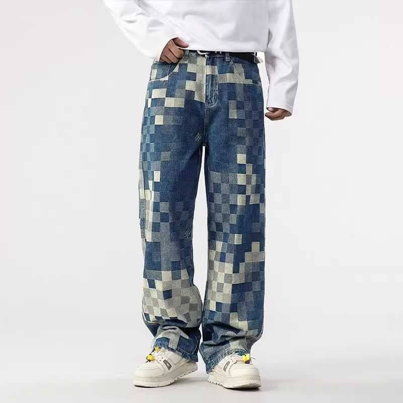 thumbnail for Jeans, men's four seasons, new American spliced checkerboard wide-leg pants, loose and versatile slacks, 2025 trend
