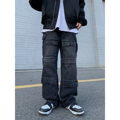 2024美式复古高街拼接多口袋水洗牛仔裤男女宽松直筒工装裤