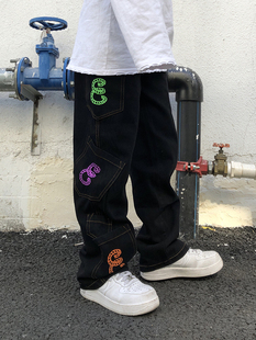 川川也字母绣花个性百搭黑色牛仔裤男女宽松阔腿裤嘻哈拖地裤长裤