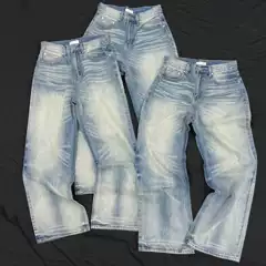 American-Style Heavyweight Blue Denim Vintage Washed and Distressed A-Line Loose Straight-Leg Jeans Cleanfit Men's