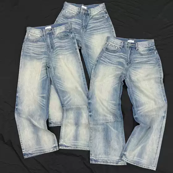 American-Style Heavyweight Blue Denim Vintage Washed and Distressed A-Line Loose Straight-Leg Jeans Cleanfit Men's