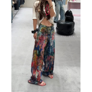 美式复古水洗泼墨油画调色盘牛仔裤子女2025春辣妹3D彩印拖地长裤
