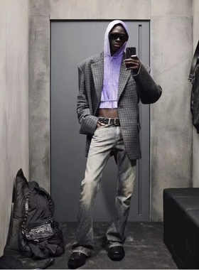 现货/23fall Bootcut 复古竹节棉蓝色水洗做旧微喇泥染牛仔裤