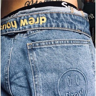 现货比伯同款 drew笑脸破洞牛仔裤情侣宽松休闲贴布高街Ins长裤男