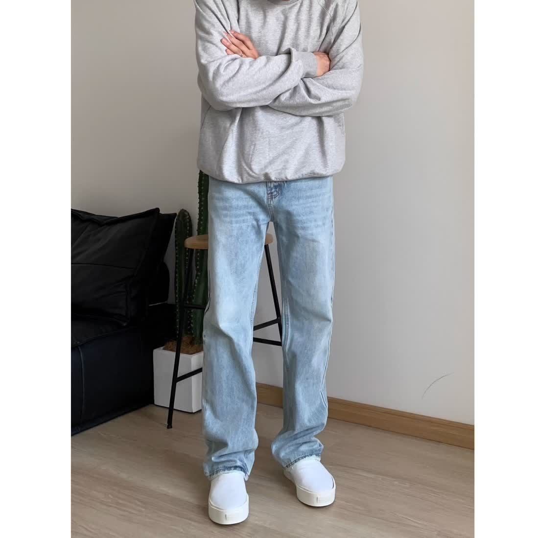 美式复古cleafit浅蓝色显瘦简约牛仔裤宽松垂感百搭休闲直筒裤