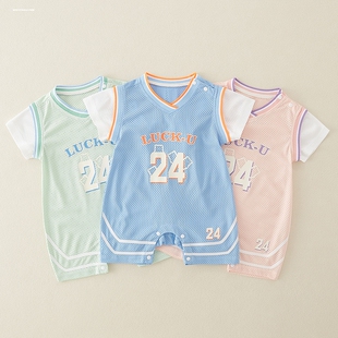 婴儿假两件短袖哈衣新生儿外出包屁衣连体衣夏季男宝薄款衣服夏装