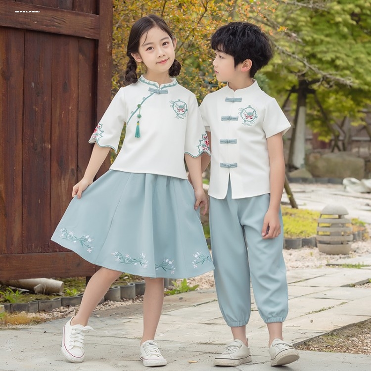 古风校园中国风儿童汉服幼儿园园服夏季短袖班服六一儿童演出服装