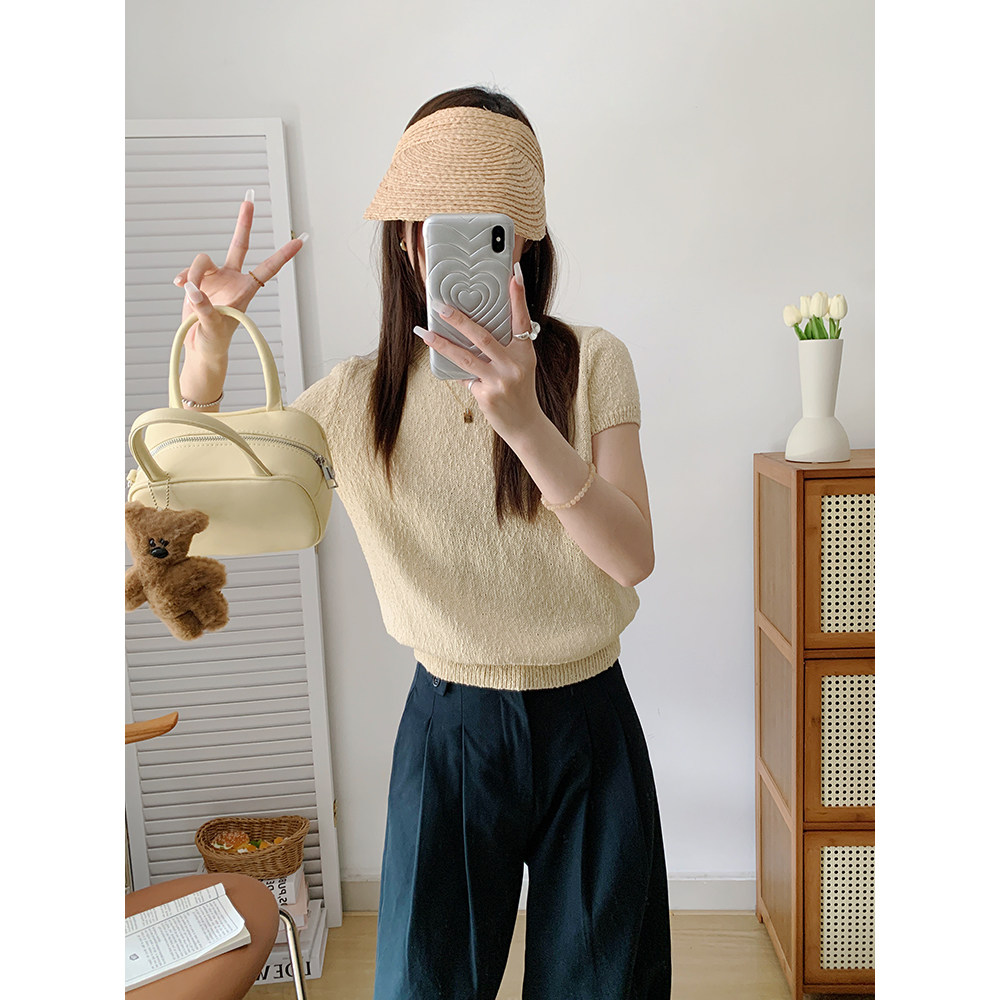 UVPU 奶杏色针织短袖女2024夏新款宽松显瘦薄款透气短款针织衫