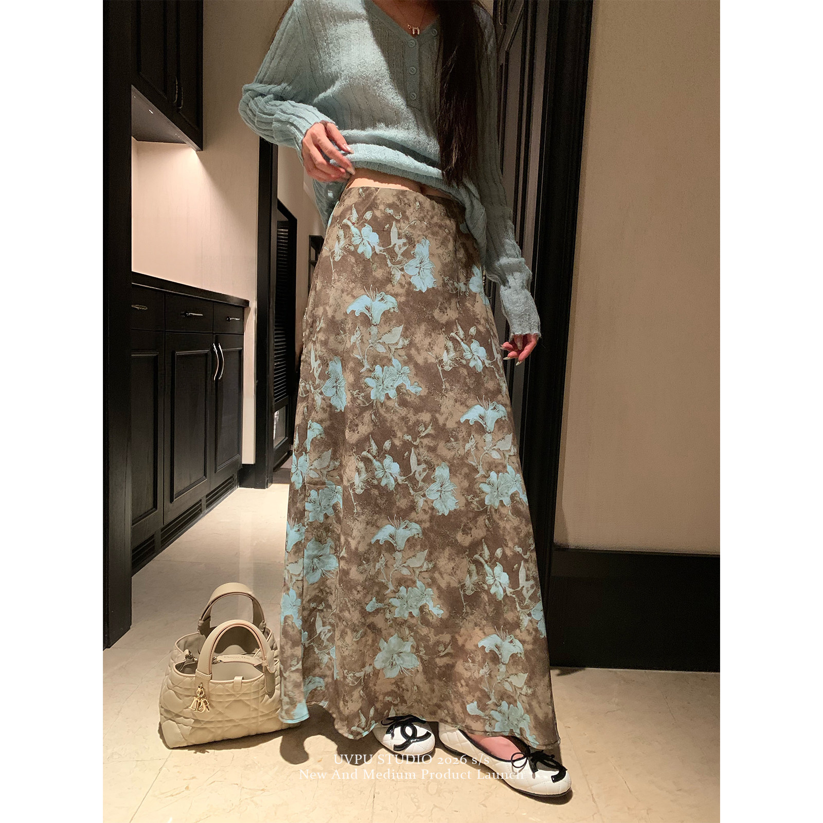 UVPU 咖蓝碎花半身裙女2026新款气质高级感韩系女人味十足裙子