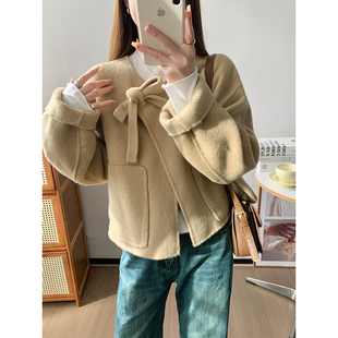 【告别款福利】UVPU黄色蝴蝶结双面呢女休闲大衣短款外套