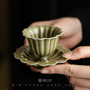 北溪堂耀州窑陶瓷品茗杯带杯垫陶瓷主人杯茶杯带杯托功夫茶具盏