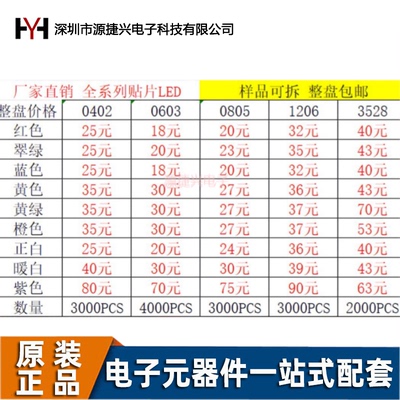 贴片LED发光高亮红绿蓝黄橙白紫