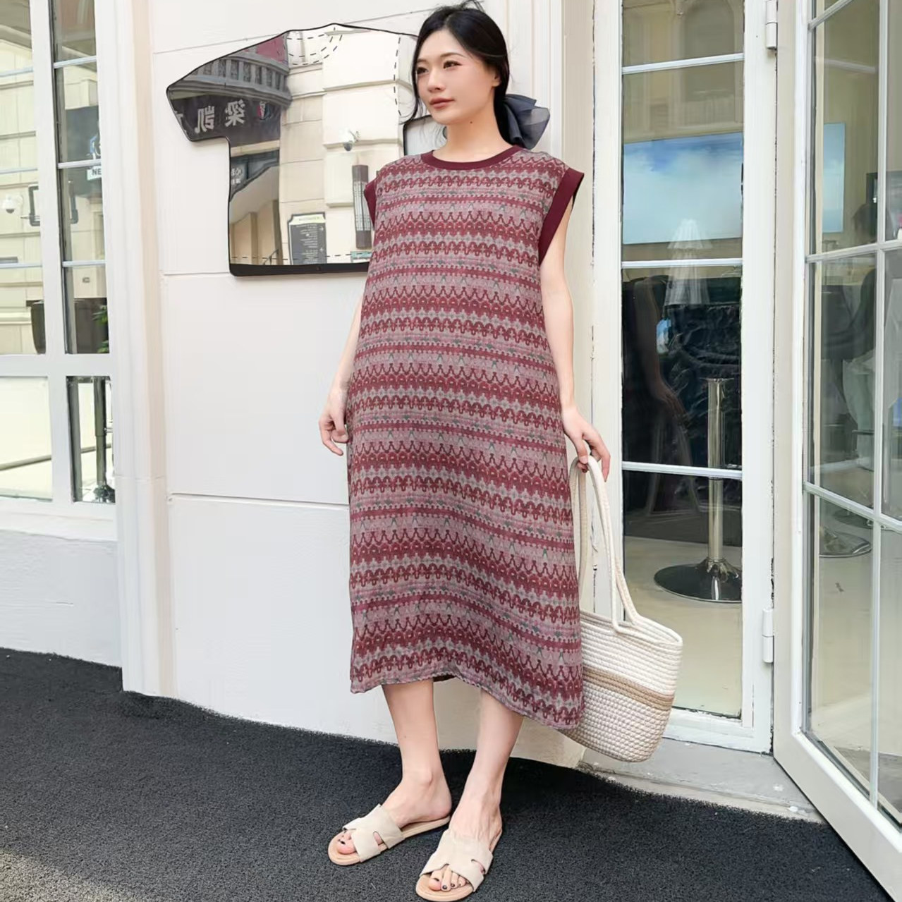 法式夏季人造棉绵绸薄款女士圆领无袖休闲时尚连衣裙外穿家居