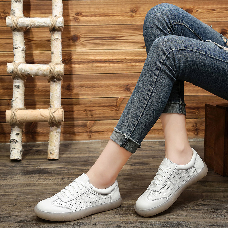 镂空真皮平底舒适女鞋牛筋软底2025夏新款透气孕妇休闲春秋小白鞋