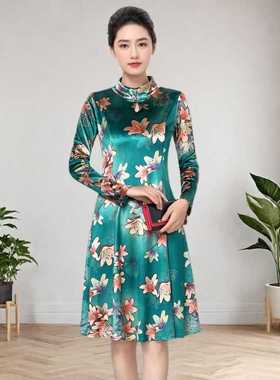 中年高档洋气连衣裙2025春秋新款高级感加肥加大妈妈遮肚高贵旗袍