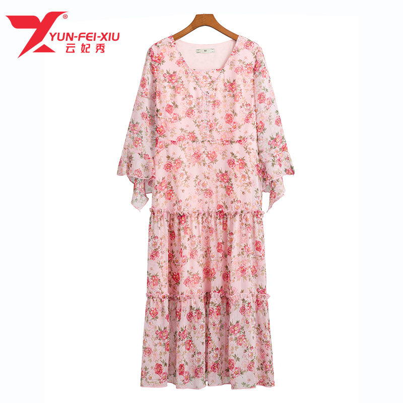 韩版时尚宽松百搭胖MM显瘦遮肉2020冬季新款V领印花洋气连衣裙潮