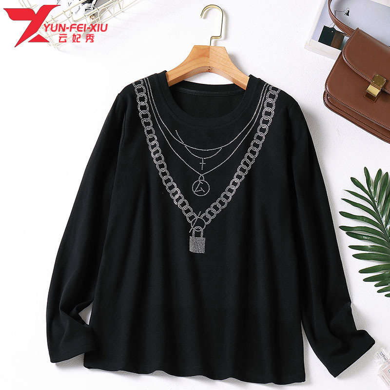 大码女装2020秋季韩版上衣烫钻装饰长袖胖MM纯色时尚潮款打底衫