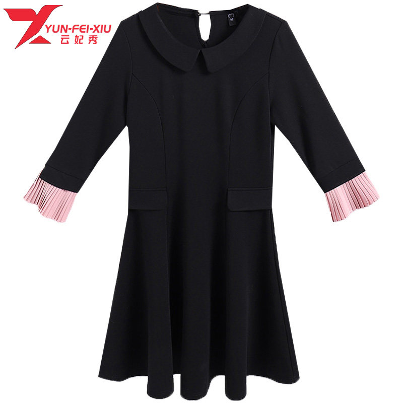 2020初秋新款大码女装韩版洋气百搭娃娃领拼接撞色胖MM显瘦连衣裙