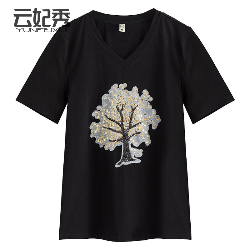 2020夏季新款韩版洋气V领大码时尚宽松百搭胖MM显瘦遮肉上衣潮