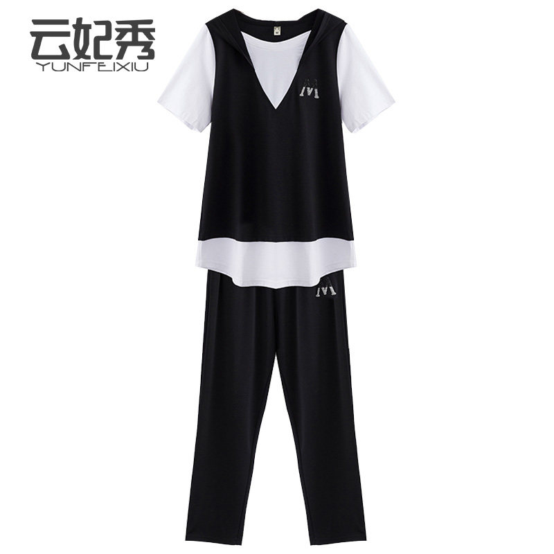 2020夏季新款时尚大码韩版拼接撞色胖MM显瘦遮肉上衣+裤子两件套