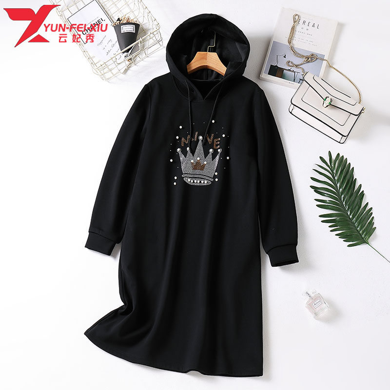 韩版加绒大码女装印花烫钻图案宽松胖MM百搭显瘦秋季新款连衣裙潮