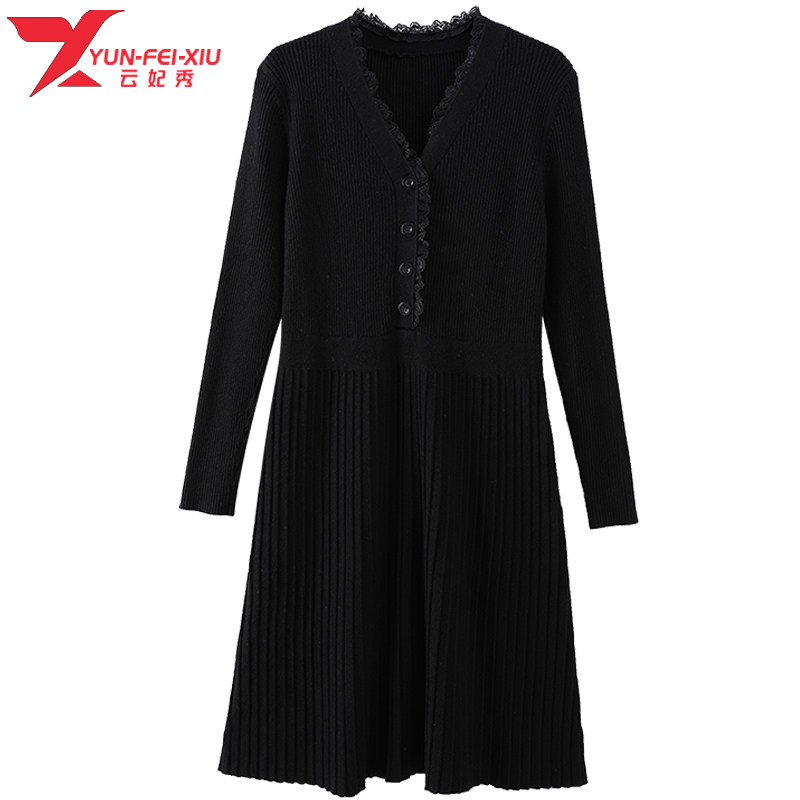 韩版时尚宽松纽扣大码2020秋季V领显瘦洋气遮肉新款针织连衣裙潮