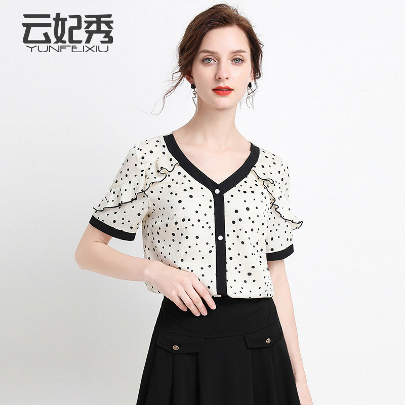 大码女装雪纺波点宽松韩版洋气V领胖MM显瘦遮肚2020夏季新款上衣