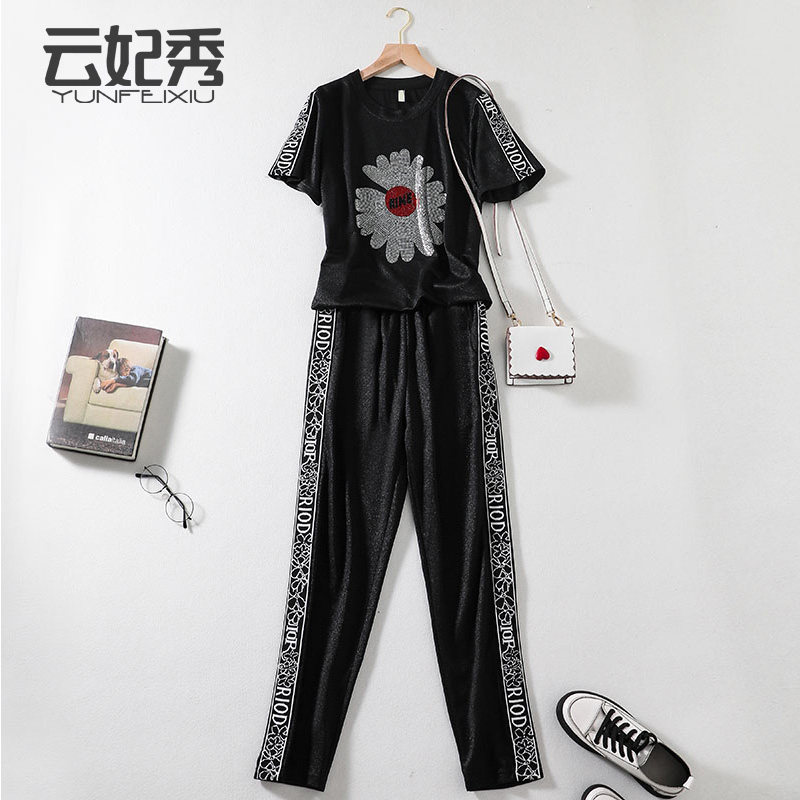 韩版宽松大码百搭胖妹妹显瘦遮肚子印花上衣+裤子2020夏季新款潮