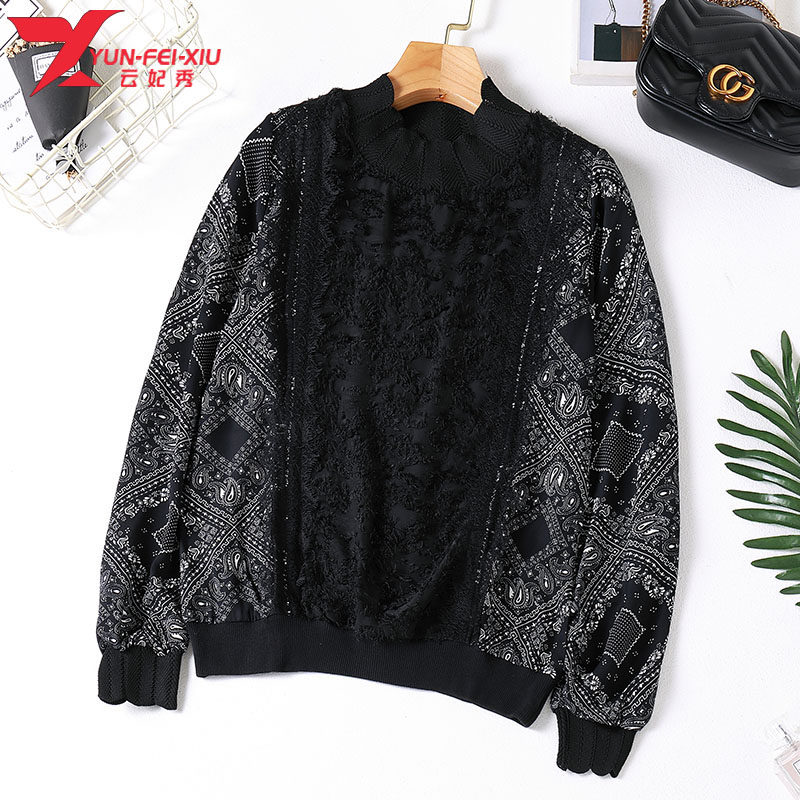 韩版新款宽松显瘦胖MM大码女装堆堆领时尚百搭印花拼接休闲上衣潮