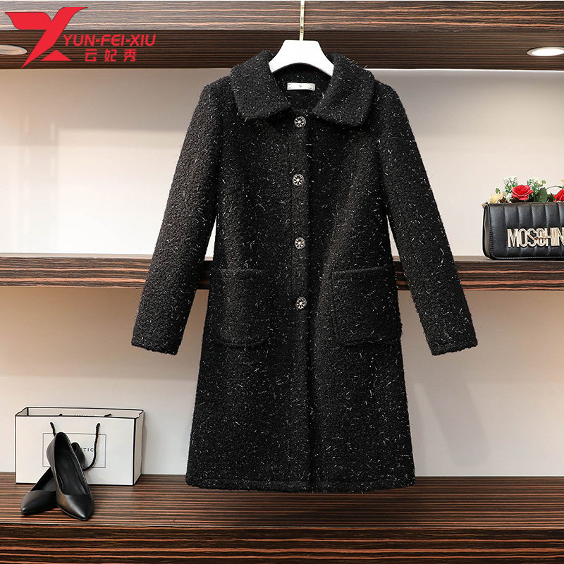 2020秋季新款简约大码宽松时尚百搭减龄胖妹妹遮肚毛呢风衣外套