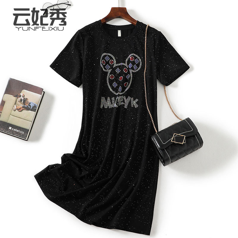 韩版大码宽松百搭圆领烫钻2020夏季新款胖妹妹显瘦遮肚子连衣裙潮