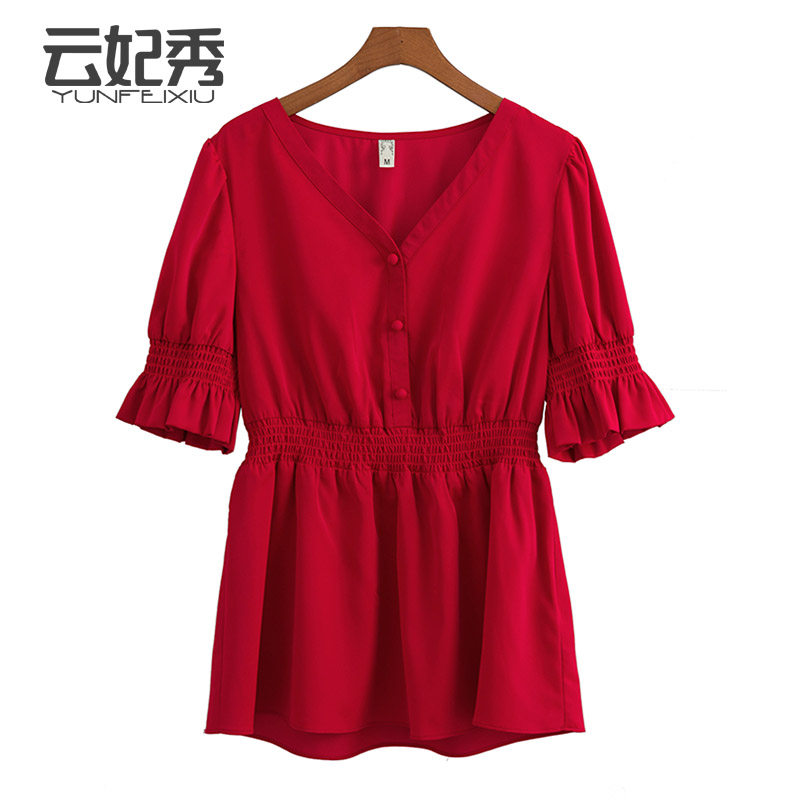 2020年夏季新款大码时尚V领宽松百搭胖MM显瘦收腰V领遮肚子上衣潮