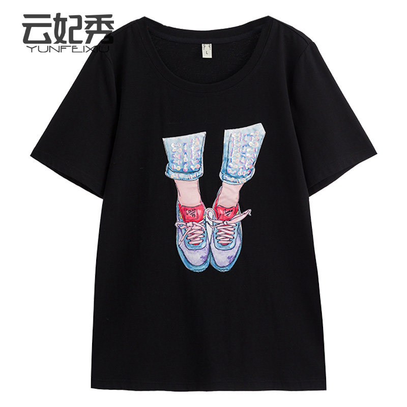 韩版时尚大码宽松百搭圆领胖MM显瘦印花遮肚T恤2020夏季新款上衣