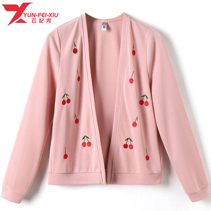 针织开衫大码上衣女装显瘦2020新款秋季长袖减龄樱桃绣花设计外套