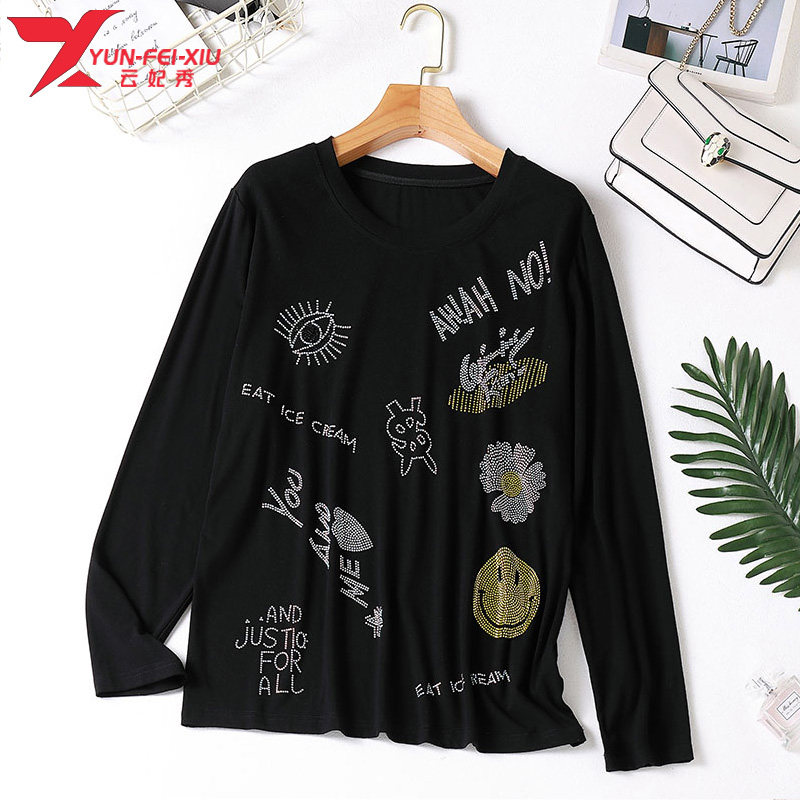 2020秋季韩版时尚大码宽松女装胖MM圆领烫钻长袖遮肉气质上衣潮款