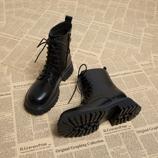 羊皮马丁靴女秋冬2025新款爆款巨好看粗跟系带小短靴女洋气瘦瘦靴