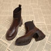 真皮复古棕色短靴女2025新款 高跟鞋 女秋冬瘦瘦靴高级感韩系小踝靴