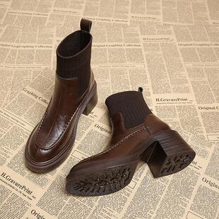 真皮复古棕色短靴女2025新款高跟鞋女秋冬瘦瘦靴高级感韩系小踝靴