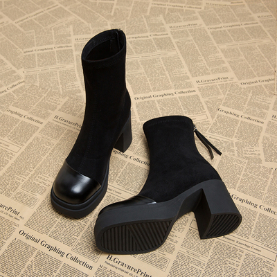 步美履粗高跟短靴女方头瘦瘦靴