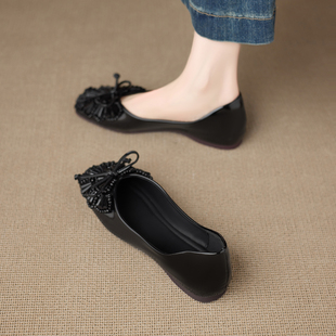 2026春夏新款法式方头浅口单鞋女不累脚平底鞋黑色水钻芭蕾舞女鞋