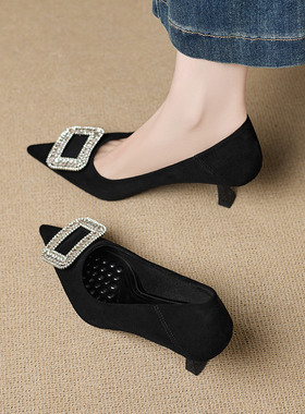 复古黑色高跟鞋子女巨好看细跟尖头浅口方扣水钻气质单鞋女不累脚