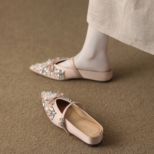 一脚蹬尖头内增半拖高级感单鞋 女夏外穿2026新款 水钻包头拖鞋 法式