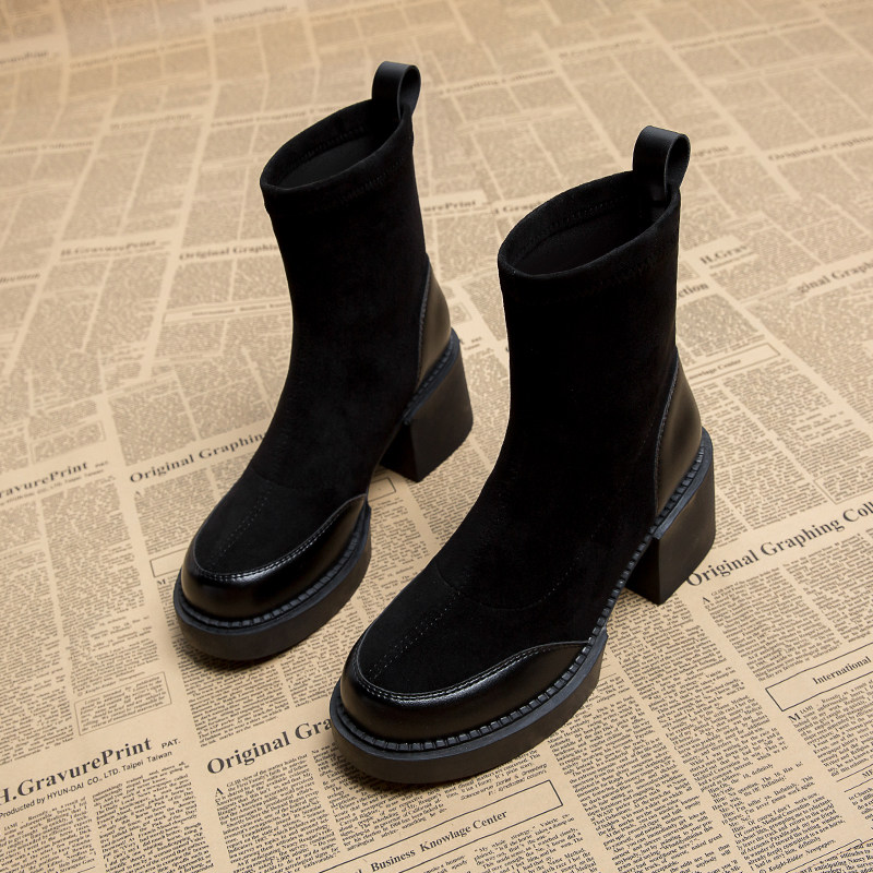 巨好看的厚底瘦瘦靴2025秋季新款真皮高级小短靴绒面拼接弹力袜靴,女鞋,弹力靴/袜靴,淘宝优惠券,粉丝福利购,淘宝优惠卷